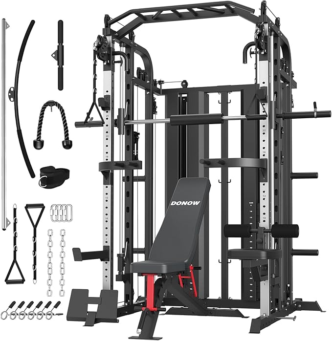 DONOW Smith Machine with Weight Stacks Home Gym Sytem Power Cage Squat Rack Dual Cable Crossover Machine All in One