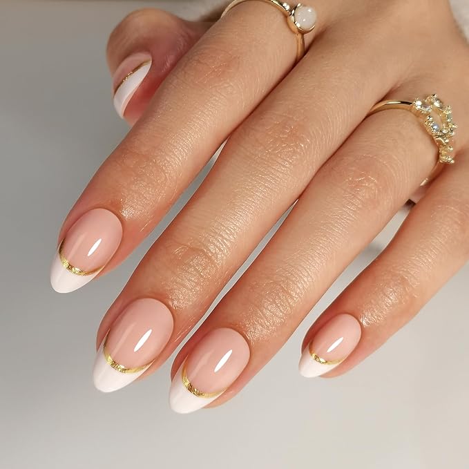 White French Tip Press on Nails with Gold Line Design - Soft Gel Almond Nails Short for Women, Glossy Glue on Nails with Glue in 16 Sizes - 32 Reusable Fake Nails, Gold Ribbon
