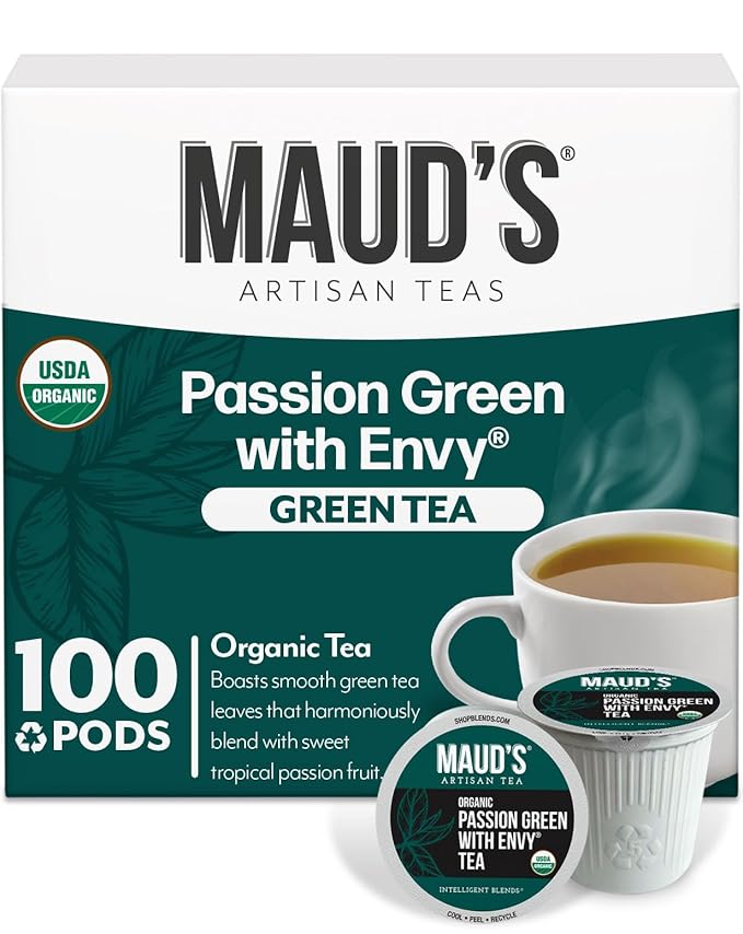 Maud's Organic Passion Green Tea Pods, 100 ct, Recyclable Single Serve Tea Pods – 100% Gourmet Blended Tea Leaves, Compatible with Keurig K Cups Maker