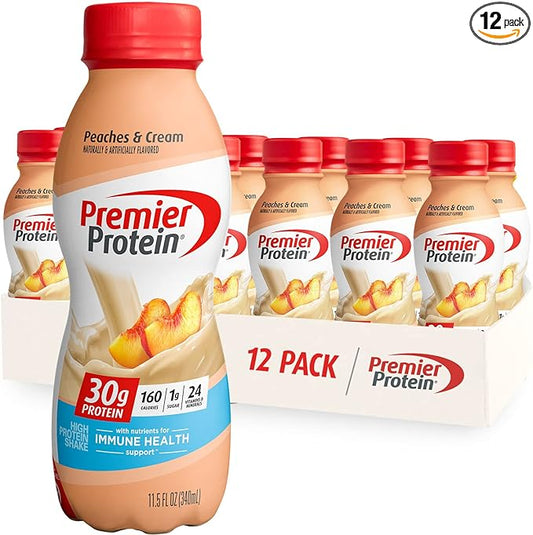 Premier Protein Shake 30g 1g Sugar 24 Vitamins Minerals Nutrients to Support Immune Health, Peaches & Cream, 11.5 Fl Oz (Pack of 12), Total 138 Fl Oz