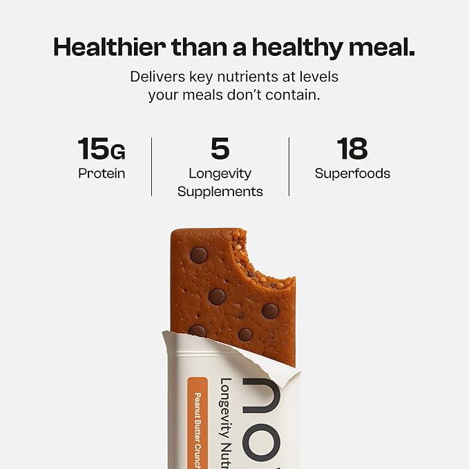 Novos Longevity Protein Bar - Peanut Butter - 15g Protein, 5 Longevity supplements, 20 Superfoods, Organic Olive Oil, Seed Oil Free, Targets Causes of Aging, Skin, Mind and Mood Support, 12-Pack