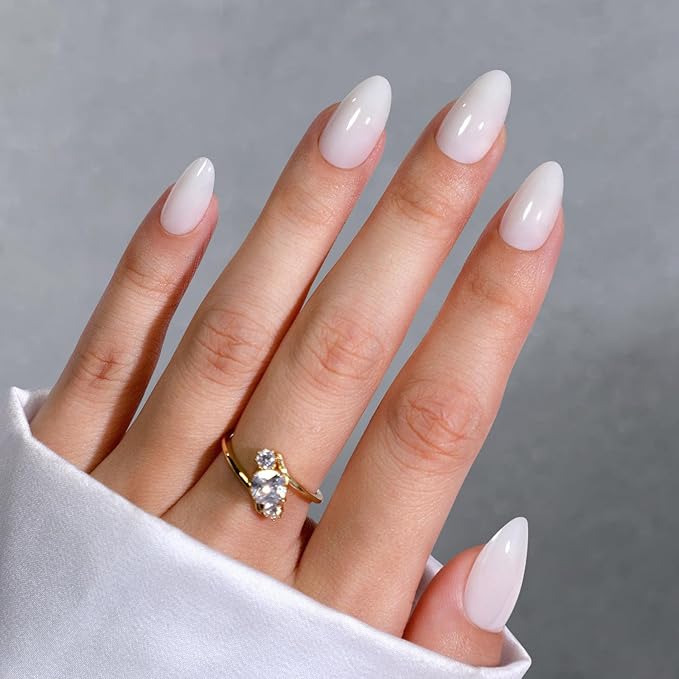 White Press on Nails Short - Soft Gel Almond Press on Nails for Women Gift, Fit Perfectly & Natural Glue on Nails in 16 Sizes - 32 Reusable Fake Nails with Glue, Milky White