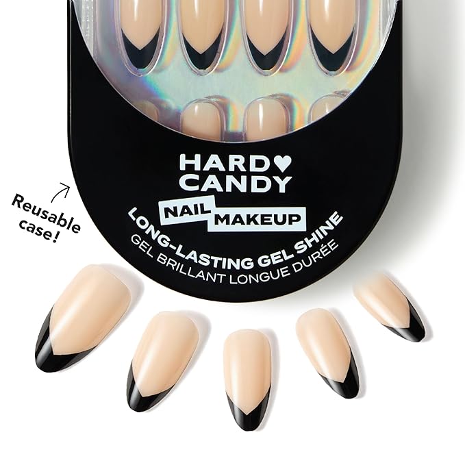Black French Tip Long Press-On Nails – Hard Candy Glossy Gel-Shine False Nail Kit with Nail Glue, 30 Pieces, Reusable (Black Tip, Long)