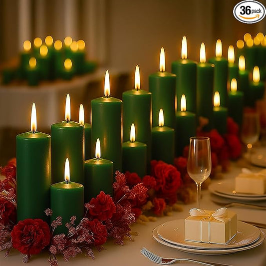 36 Pcs Green Pillar Candles Bulk Set，Hurricane Candles，3 Different Lengths (12 Each)，Dripless Unscented Smokeless，Gives You a Better Atmosphere When Organizing Wedding or Event Party.
