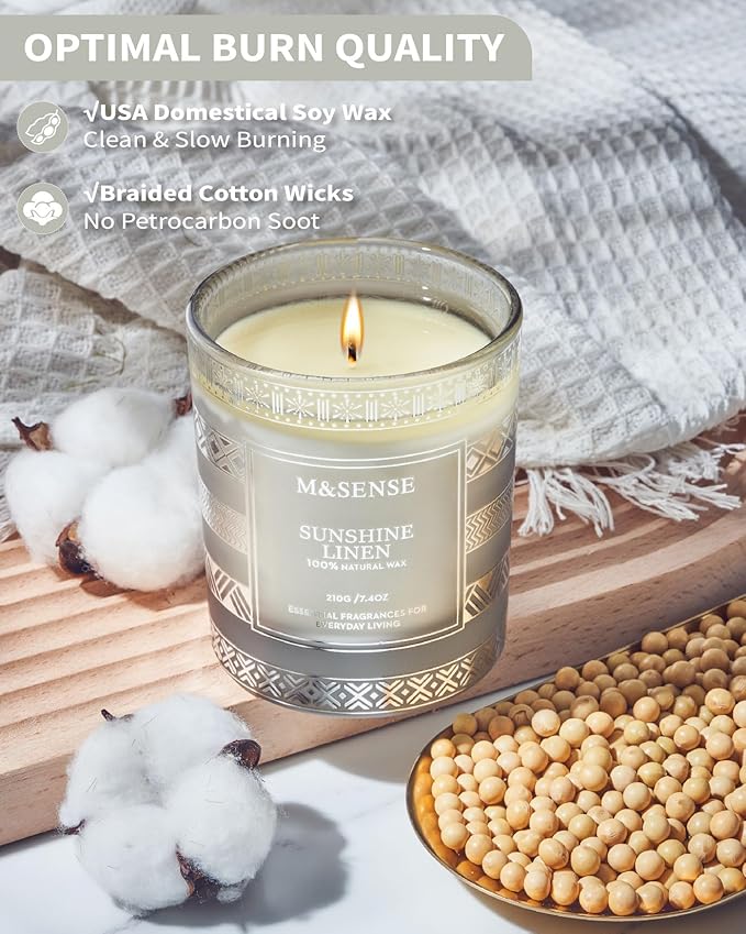 M&SENSE Sunshine Linen Scented Candles, 7.4oz 45 Hour Long Lasting Highly Scented Candles Home Decor, All-Natural Soy Wax Luxury Candle Christmas Thanksgiving Halloween Gifts