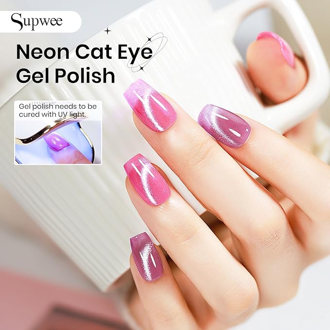 12 Colors Neon Cat Eye Gel Nail Polish with Magnetic Cateye Nail Polish Gel Yello Pink Purple Cat Eye Effects Summer Collection for Home Manicure