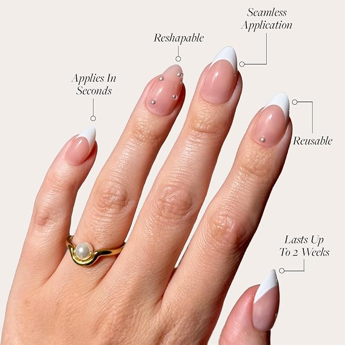 Glamnetic x GLAMZILLA Press On Nails - ALWAYS & FOREVER | Short Almond French Tip Fake Nails with 3D Pearls, Salon Quality Wedding Nails | 15 Sizes - 30 Nail Kit with Glue