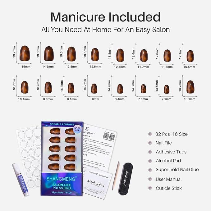 Tortoise Shell Press on Nails Short - Soft Gel Oval Press on Nails for Women, Seamless Fit & Glossy Glue on Nails 16 Sizes - 32 Reusable Fake Nails Kit with Glue, Amber Memory