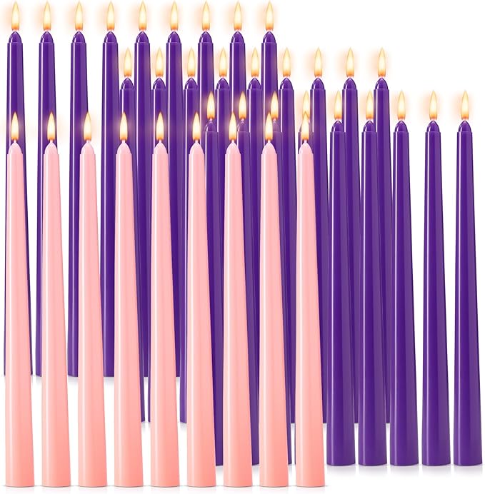 Hausware 36 Pack Taper Candles,27 Purple and 9 Pink,8 Hour Burn Time,Unscented Dripless and Smokeless,10 inch Elegant Premium Quality Dinner Candle for Home Décor,Wedding,Party Candlesticks