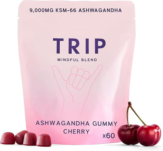 TRIP Ashwagandha Gummies with Vitamin D12, B Vitamins, 3000mg Ashwagandha KSM 66 Per Serving, Vegan, Naturally Flavored On The Go Chewable Gummy, Juicy Cherry Flavor, 1 Bag, 60 Count