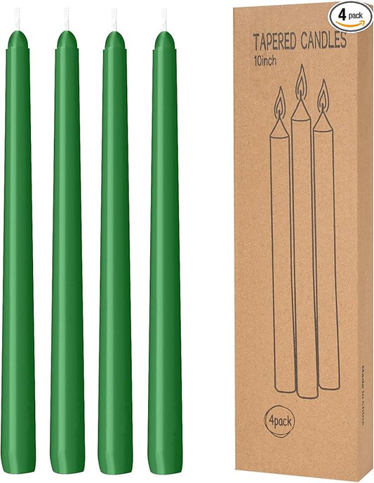 4 Pack Taper Candles - Taper Candles 10 Inch Dripless, Smokeless & Unscented - 8 Hours Long Burning - Hand Poured Tall Candlesticks - Ideal for Weddings, Dinner Parties (Green, 4 Pack Taper Candle)
