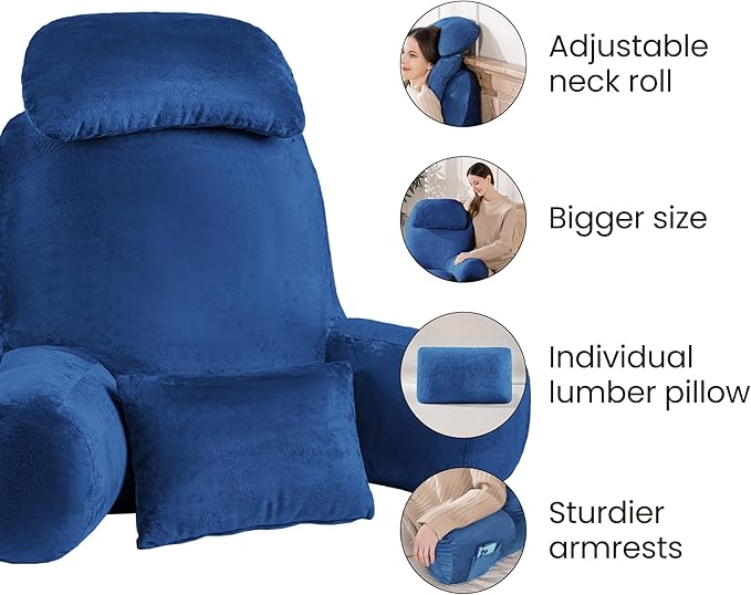 NOONTIDE Reading Pillow for Sitting up in Bed and Couch,32" X-Large Back Pillow for Adult & Teens with Soft Adjustable Neck Roll Backrest Pillow,Washable Cover,Watching TV/Gaming/Relaxing(Blue)