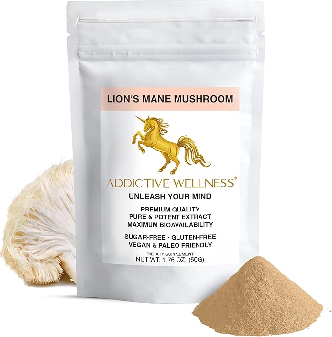 Addictive Wellness Lions Mane Supplement Powder, Premium Quality Lions Mane Mushroom Powder Dual-Extract Nootropic, Sugar Free, Vegan & Paleo Friendly Lion's Mane Mushroom Supplement - 1500 mg