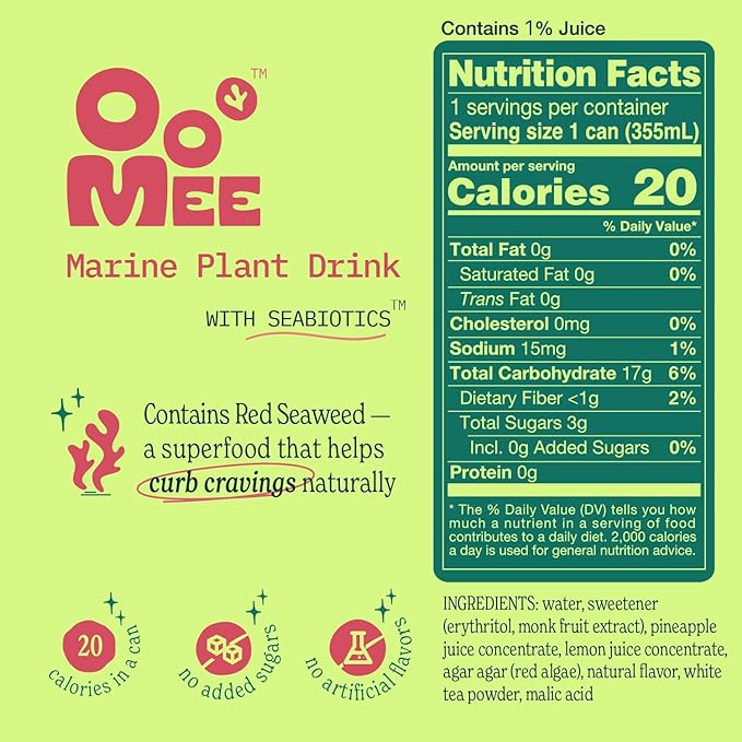 OoMee Prebiotic Beverage - Vegan, Sustainable Marine Sourced Prebiotics, Support Digestive Health, Plant-Based, Low Sugar (4 Pack, Peach & Lemon)