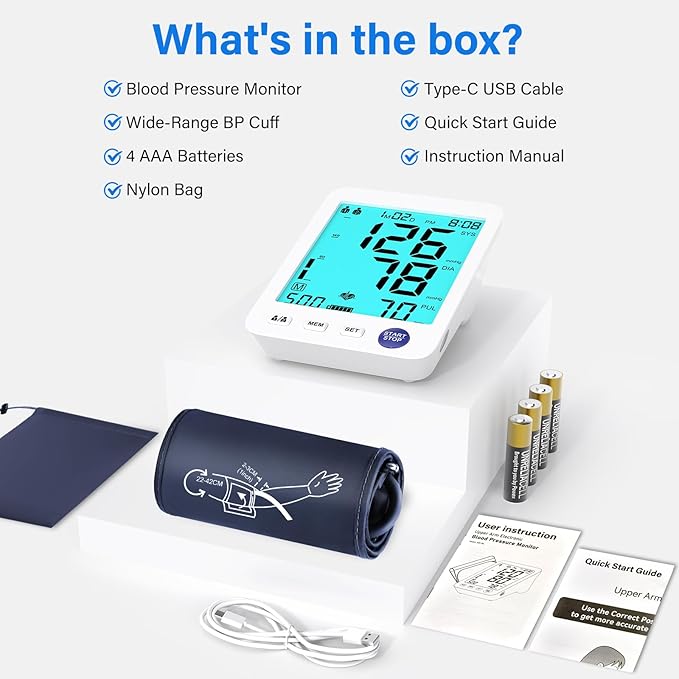 ADKING Automatic Upper Arm Blood Pressure Monitor Home Use, Large BP Cuff, Large Backlit Display, 2X500 Memories, Nylon Carry Case (Blue)