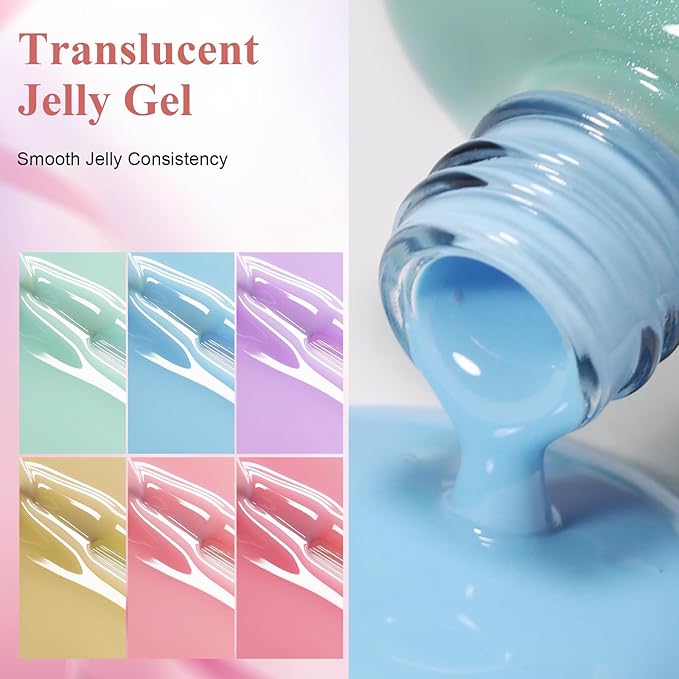 10ml Hema-Free Jelly Gel Nail Polish Set -6 Colors Lavender Pastel Yellow Light Green Pink and Blue Salon Home DIY Gift for Women