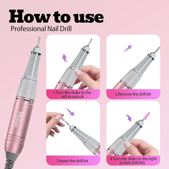 Professional Nail Drill File 45000RPM Electric Portable Nails Drills Kit with Rechargeable 7 uñas Bits Cordless Efile for Poly Gel Acrylic Nails Remover Home Salon Pedicure Manicure Tool (Rose Pink)