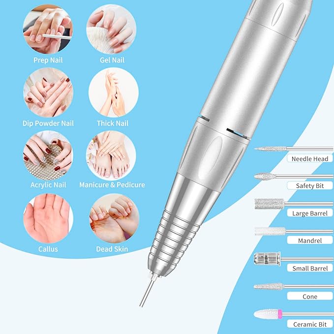 Portable Nail Drill Professional 35000 RPM, MOCOWIND Rechargeable Electric Nail File Machine E File for Acrylic Gel Polishing Removing, Cordless E-File with Bits Kit for Manicure Salon Home, Blue