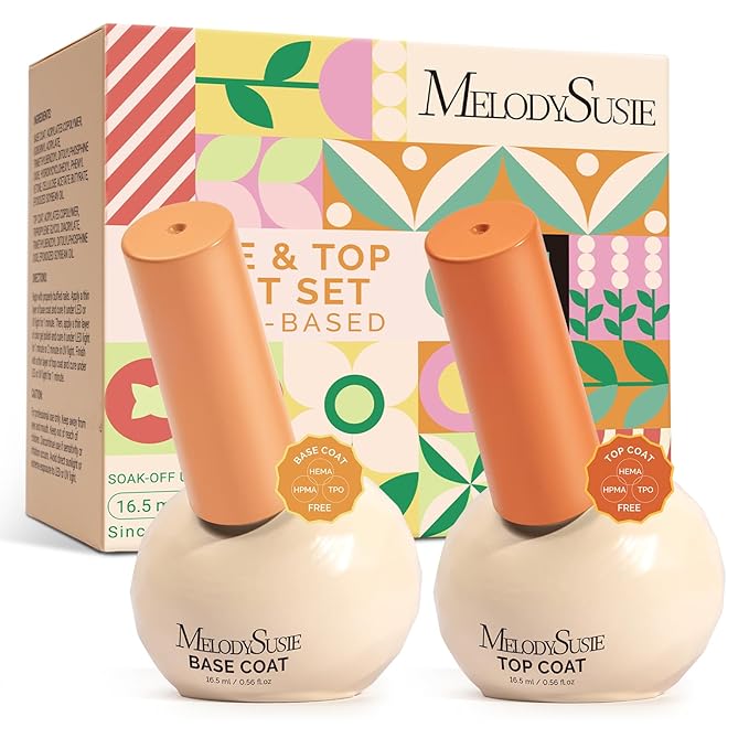 MelodySusie Plant-Based 16.5ml 2Pcs Gel Base and Glassy Top Coat Set, Unique Tilt-and-Stand Bottle for Easy Gel Access, TPO&HEMA&HPMA Free, No Wipe Foundation for UV Light Cured with Long Wear Shine