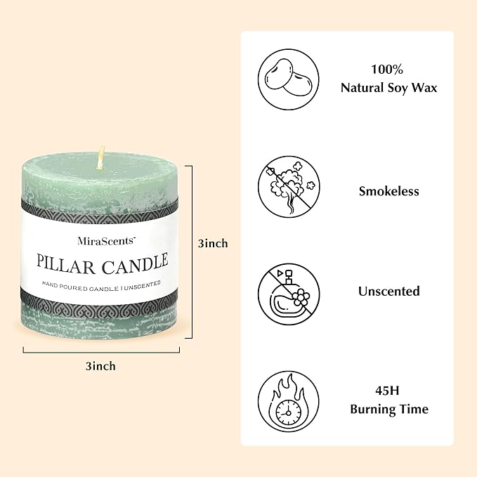 3x3 Inch Sage Green Pillar Candles - Set of 3, Long Clean Burning, Smokeless Dripless Candles for Spring Home Decor, Dinner Table, Bathroom, Rustic Decor