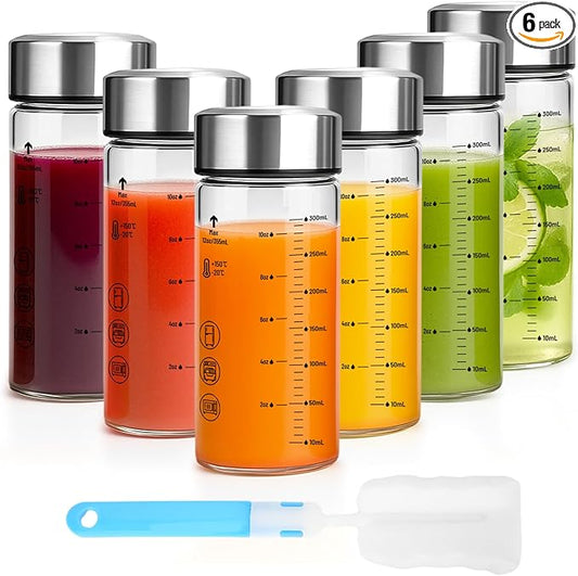 12oz Glass Water Bottles with Lids, 6 Pack Reusable Wide Mouth Juice Bottles with Stainless Steel Caps, Leakproof Borosilicate Glass for Juicing, Smoothies & Storage, BPA-Free,Dishwasher Safe