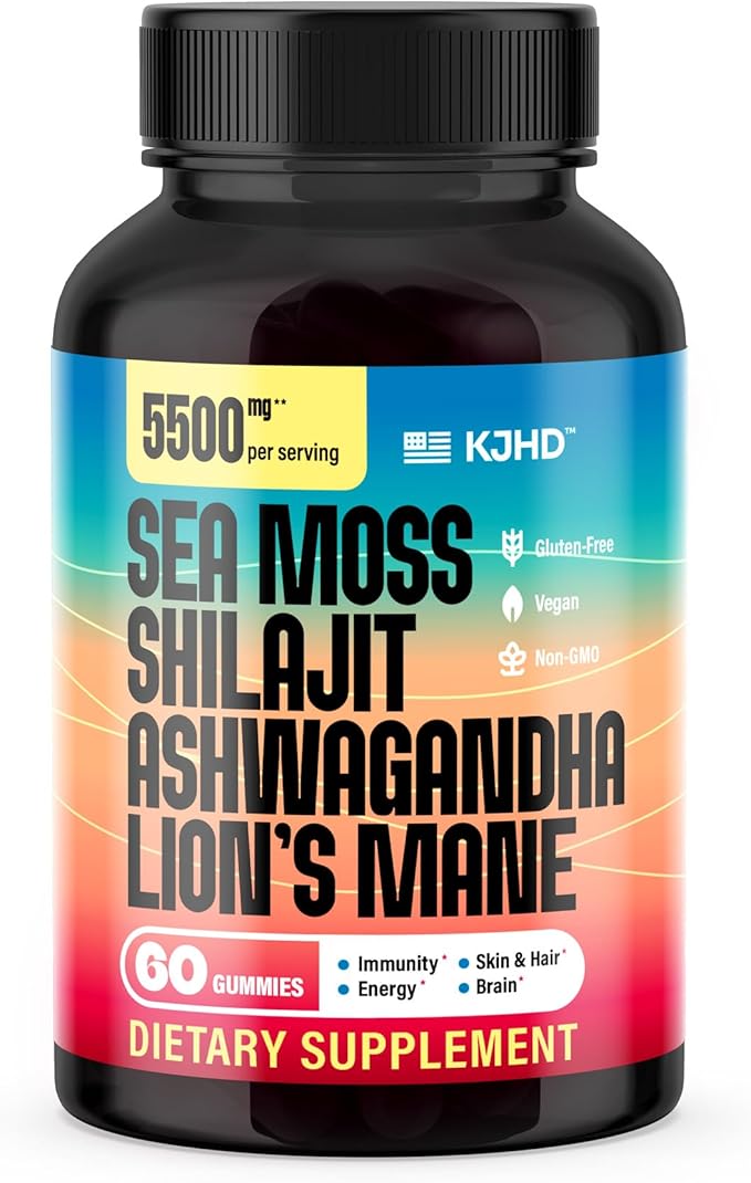 KJHD Shilajit Ashwagandha Gummies with Sea Moss, Beet Root, Lion’s Mane Mushroom & Black Seed Oil – Organic Herbal Superfood Supplement – 60 Vegan Gummies