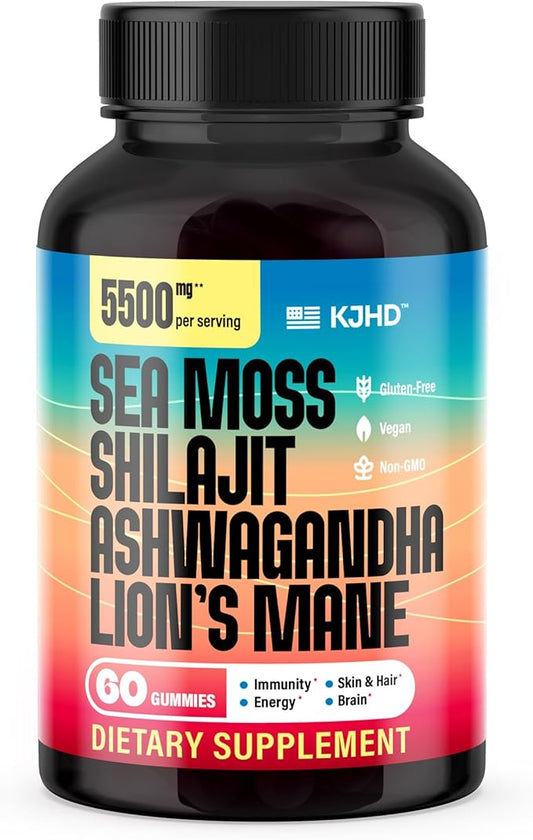 KJHD Shilajit Ashwagandha Gummies with Sea Moss, Beet Root, Lion’s Mane Mushroom & Black Seed Oil – Organic Herbal Superfood Supplement – 60 Vegan Gummies