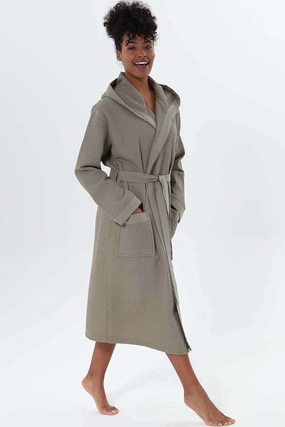 SEYANTE Women’s Luxury Waffle Shawl Collar, Hooded Robe w Piping – Lightweight, Long, Ultra Soft Spa Sleepwear Bathrobe