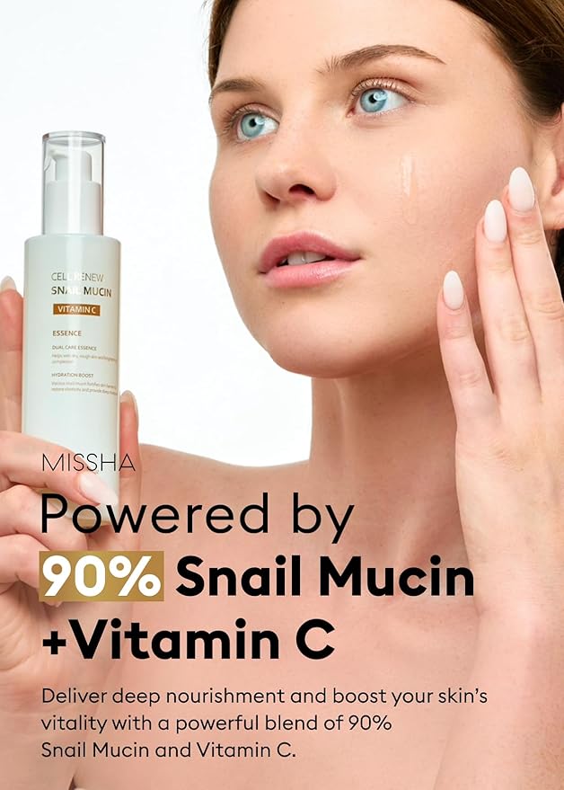 MISSHA Cell Renew Snail Mucin Vitamin C Essence Serum 3.38 Fl oz - Hydrating Korean Skincare for Glass Skin, Snail Mucin Serum for Improved Skin Texture & Complexion