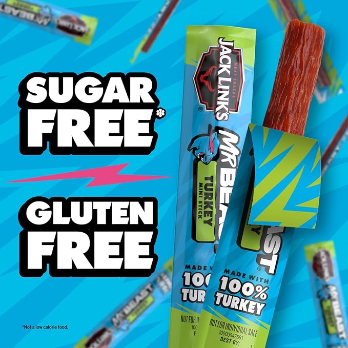 Jack Link’s x MrBeast Turkey Mini Sticks – 8g Protein per Serving, Individually Wrapped Meat Sticks, Made with 100% All Natural Turkey, Zero Sugar, Pantry-Ready, Kids Snacks, 0.5oz (12 Count)