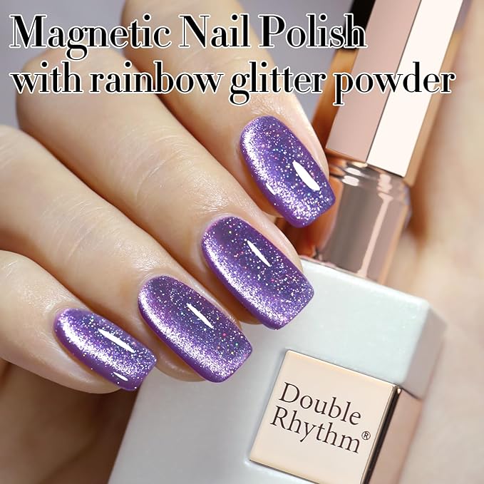 Double Rhythm Cat Eye Gel Polish with Magnet 15ML Jelly Glass Holographic Glitter Shimmer Translucent Sheer Color Magnetic Gel Polish Salon DIY at Home (Dark Purple-MC1066)