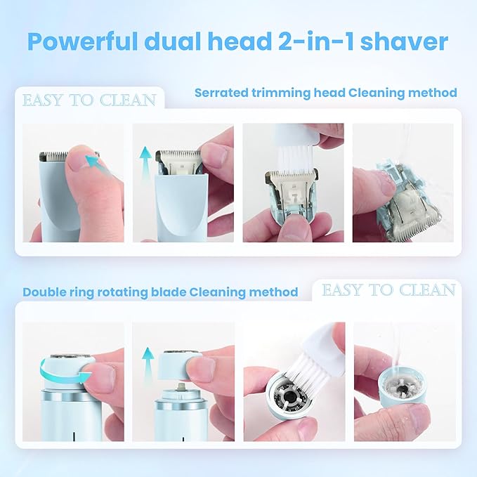 Bikini Trimmer for Women-2 in 1 Dual Head Electric Razors,IPX7 Waterproof Bikini Electric Shaver,Dry & Wet Use Painless Bikini Shaver,Pubic Hair Trimmer for Private Area & Body Hair,Blue