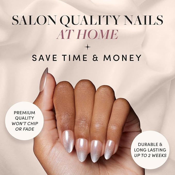 Glamnetic Press On Nails - Polar Night | Short Almond Fake Nails with Ombré Silver Tips and Glossy Velvet Finish, Salon Quality | 15 Sizes - 30 Nail Kit with Glue