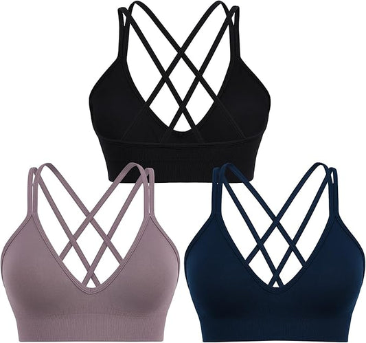 Sports Bra for Women V-Neck Strappy Criss Cross Yoga Bra Padded Medium Support Workout Gym Athletic Fitness Bras 3 Pack