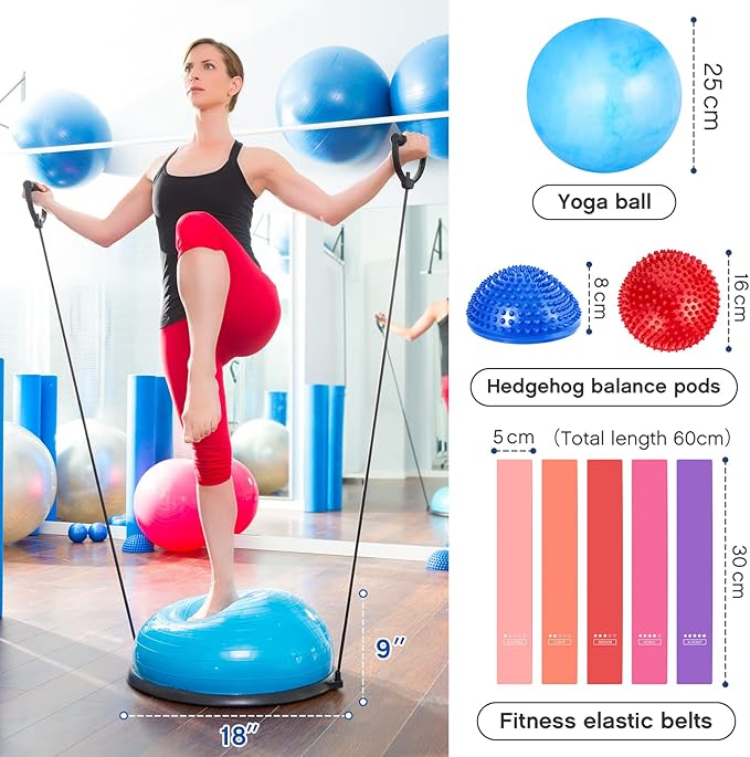 Honoson Half Ball Trainer Yoga Ball with Resistant Band Foot Pump Set, Half Exercise with Fitness Elastic Belt Hedgehog Balance Pods for Core Stability Full Body Workout Gym
