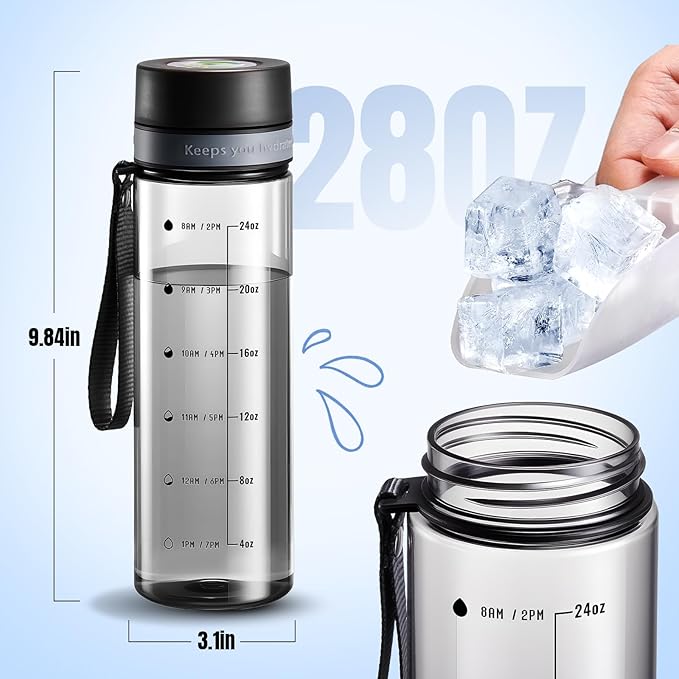 Plastic Water Bottles, 28oz Clear Water Bottle with Measurements, Wide Mouth Water Bottle with Strap, Gym Water Bottles for Men (Grey)