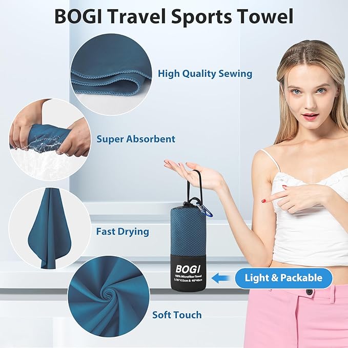 BOGI Microfiber Travel Sports Towel-Quick Dry Towel, Soft Lightweight Microfiber Camping Towel Absorbent Compact Travel Towel for Camping Gym Beach Yoga Swimming Backpacking (S:16''x32'',2Pcs-Nblue)