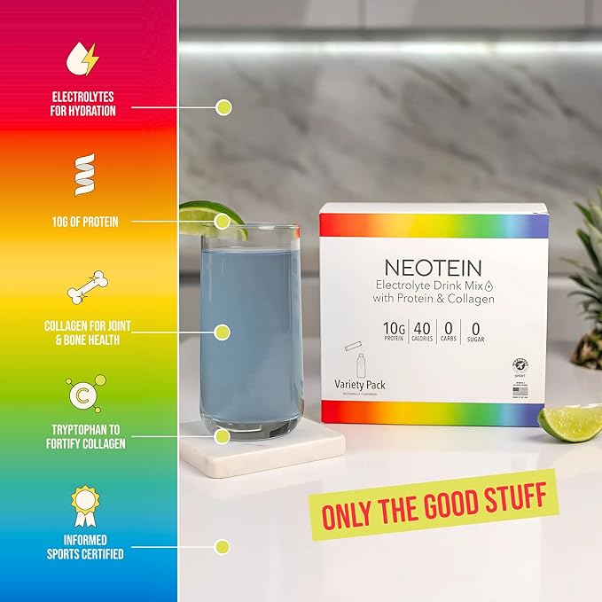 NEOTEIN: Electrolyte Powder Packets, Protein Powder with 10g Protein & Collagen - Hydration Packets - Zero Sugar, NO Fillers, NO Carbs | Variety Pack | 40 Calories | Keto & Paleo | Pack of 24