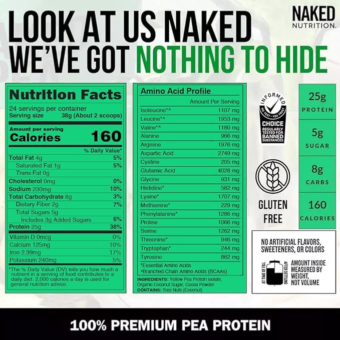 NAKED Chocolate Pea Protein Isolate from North American Farms, Only 3 Ingredients, Chocolate Vegan Protein, Gluten-Free, Soy Free, GMO Free - 2LB