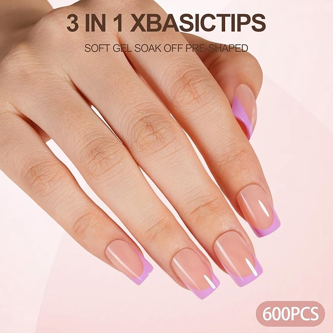 Misssix XBASICTIPS French Tip Press On Nails, 600Pcs Short Square French Gel Nail Tips, Soft Gel Pre-shaped No Need to File 3 in 1 Tips, 20 Colors Fake Nails for Nail Art DIY 15 Sizes