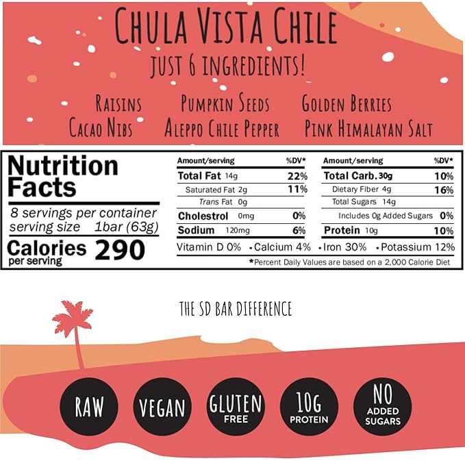 San Diego Bar-Chula Vista Chile | Chile Mild Heat | RAW & Vegan Protein Bars | Sugar-Free | Gluten Free | Breakfast Bars | Energy Bars | Snack Bars | 6 Whole Food Ingredients | Plant-Based Protein