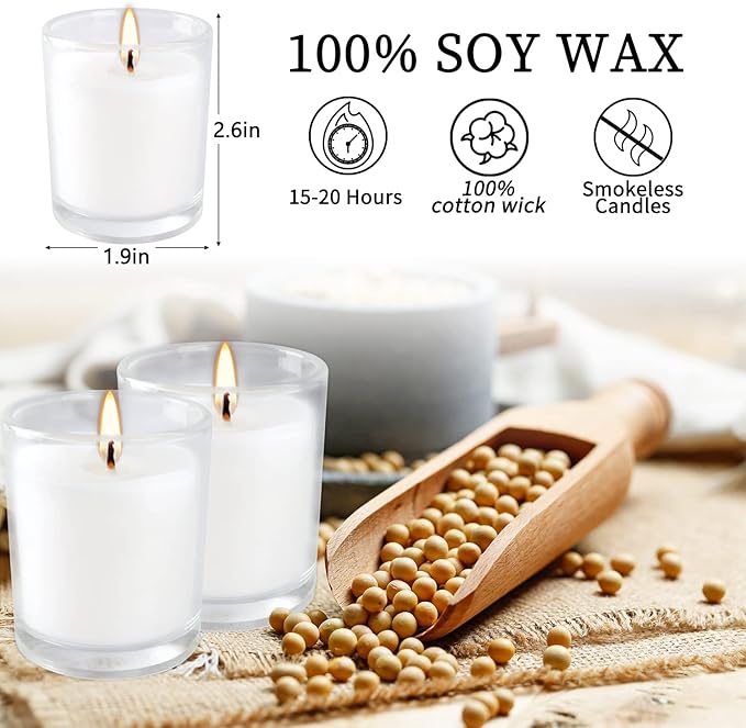 Set of 48 White Votive Candles,Unscented Candles Filled in Clear Glass,Ideal Gift for Weddings,Emergency Lighting,Aromatherapy,Holidays,Meditation,Parties