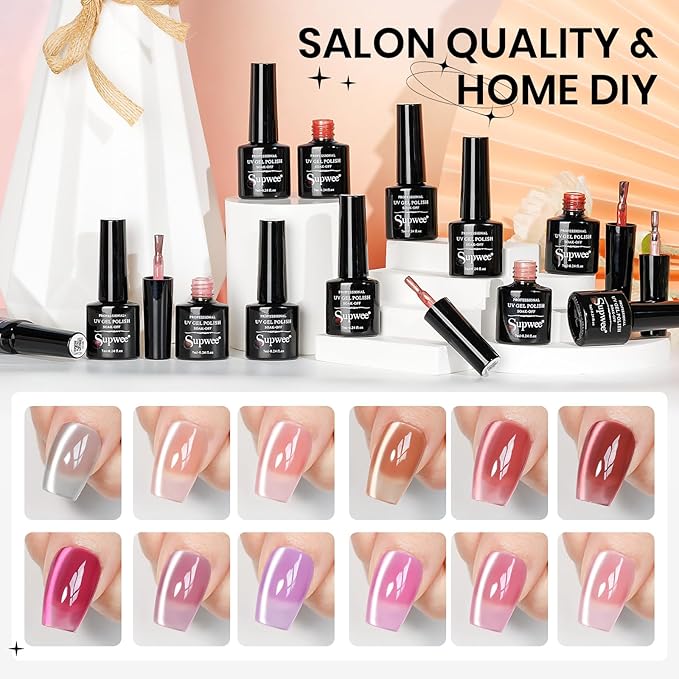 12 Colors Magnetic Nail Polish Gel Nude Series Moonlight Cat Eye Gel Nail Polish with Magnet Soak Off UV Manicure Gift for Women Girls