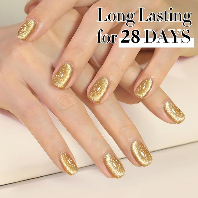 Double Rhythm Cat Eye Gel Polish with Magnet 15ML Holographic Glitter Shimmer Translucent Sheer Color Glass Magnetic Gel Polish Salon DIY at Home (Light Gold-MC1064)