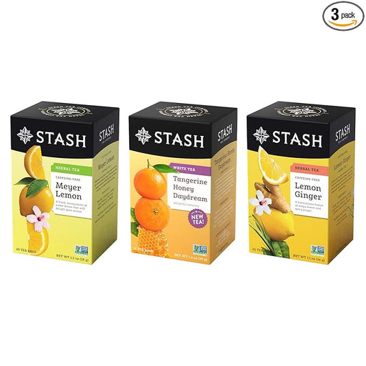 Stash Tea Bright Citrus Tea Sampler - Assortment of Caffeinated and Decaf Teas, Including Lemon Ginger, Meyer Lemon and Honey Tangerine Tea, 18-20 Count (Pack of 3)