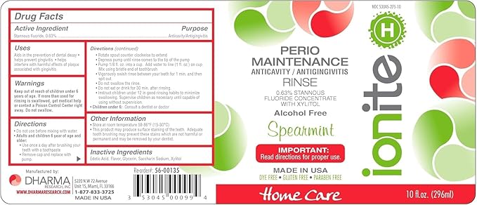 Ionite-H Home Care - Periodontal 0.63% Stannous Fluoride Mouthwash for Oral Treatment - Perio Maintenance Flouride Rinse Mouthwash - with Mixing Cup/Shaker and Dispensing Pump (10 Fl oz, Spearmint)