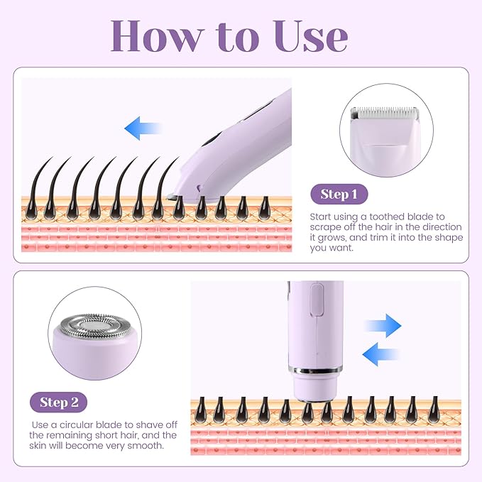 Bikini Trimmer for Women Dermave Bikini Shaver 4 in 1 Pubic Hair Trimmer, Razor for Women Private Area with Dual Heads IPX7 Waterproof, Electric Shaver for Nose Eyebrows Beard Underarm Leg Arm
