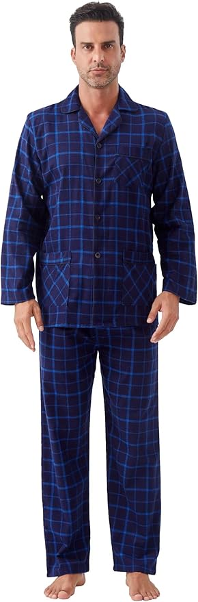 GLOBAL Men's Pajamas Sets 100% Cotton Flannel Sleepwear Long-Sleeve top & Bottom
