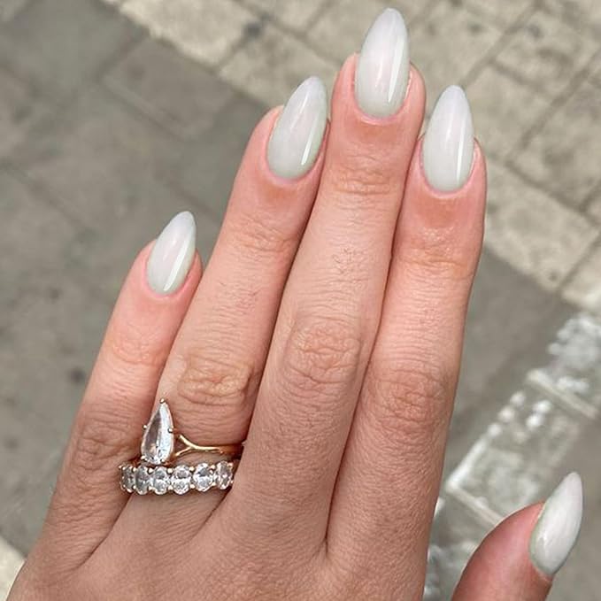 GLAMERMAID Pure White Eyes Press on Nails Short Almond, Chrome Handmade Glossy Gel Fake Nail Kit, Glazed Natural Glitter Magnetic Glue on Nail Stiletto, Medium Oval Stick on False Nail Set for Women