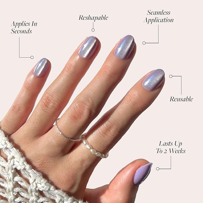 Glamnetic Press On Nails - Mermaid's Tail | Short Oval Purple Cat Eye Fake Nails with a Velvet Finish, Salon Quality Summer Nails | 15 Sizes - 30 Nail Kit with Glue
